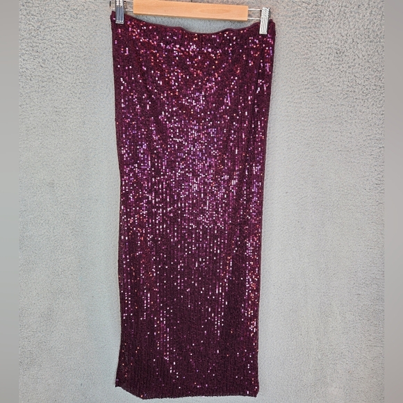 Wildfox Party Midi Maxi Skirt Sz M Purple Sequins Stretch Waist Ruch Front Slit - Picture 7 of 14